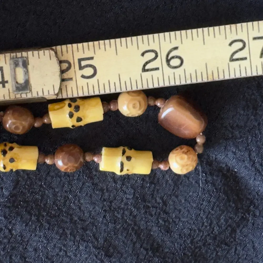 Vintage Faux Carved Bone Plastic Bead Necklace Brown Yellow Tribal Style 52”